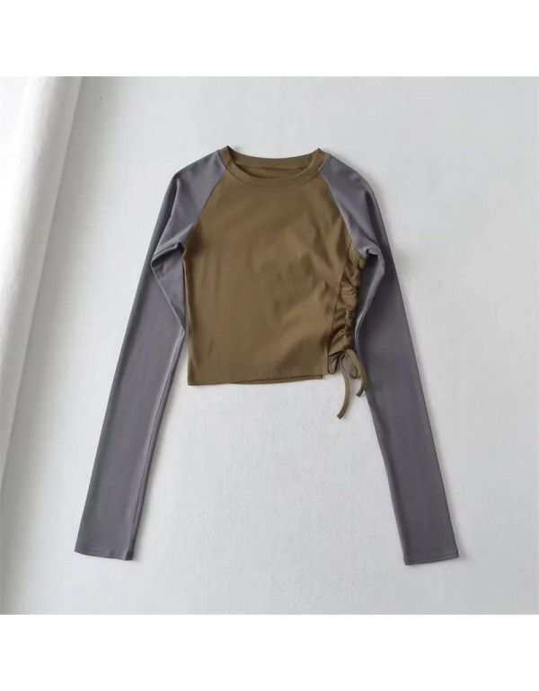 Fall side drawcord long-sleeved T-shirt sexy hot girl top new round neck contrast short bottom blouse women 