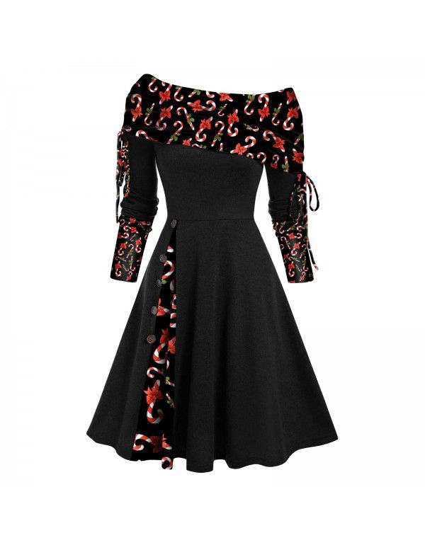 Women's autumn and winter new long-sleeved one-shoulder solid color printed patchwork button dress 