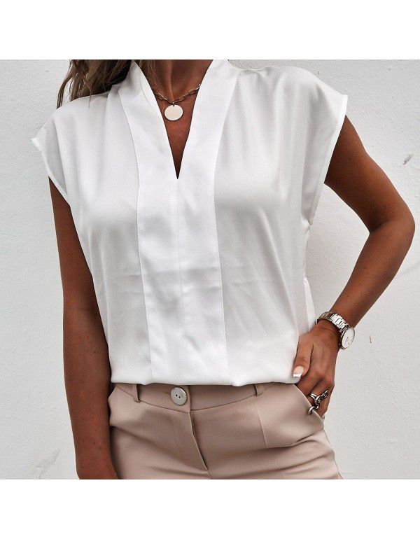 European and American Solid Color V-Neck Short Sleeve T-shirt Top Women's Wear