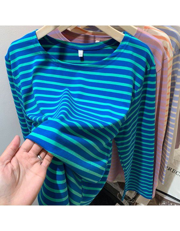 Cotton loose striped bottom shirt for women with spring and autumn Korean design sense long-sleeved T-shirt round neck versatile top 