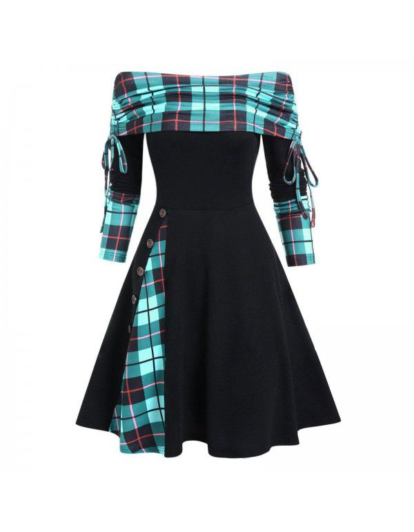 Women's autumn and winter new long-sleeved one-shoulder solid color printed patchwork button dress 
