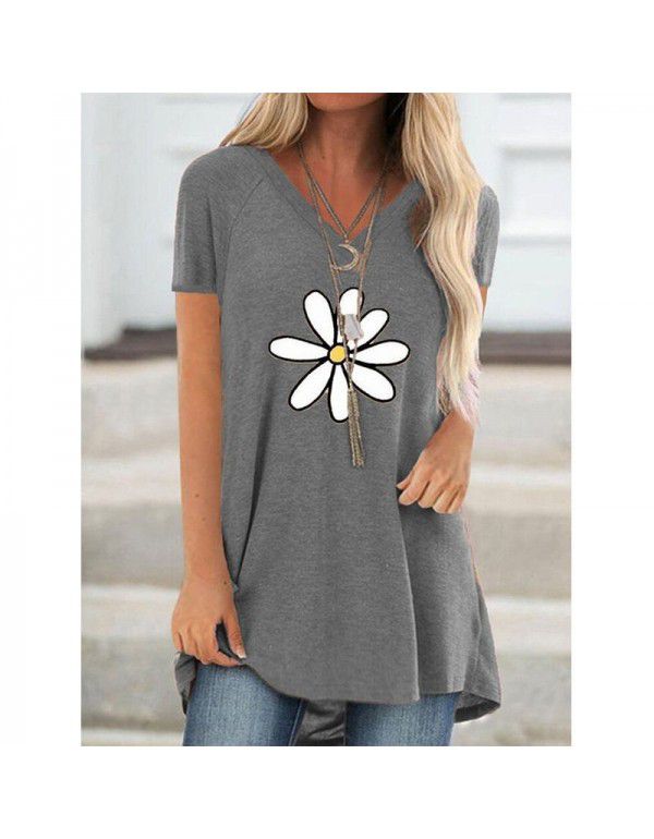 Summer Women's Fashion V-neck Short Sleeve Shirt Loose Print Top Casual Pullover Large T-shirt Women 