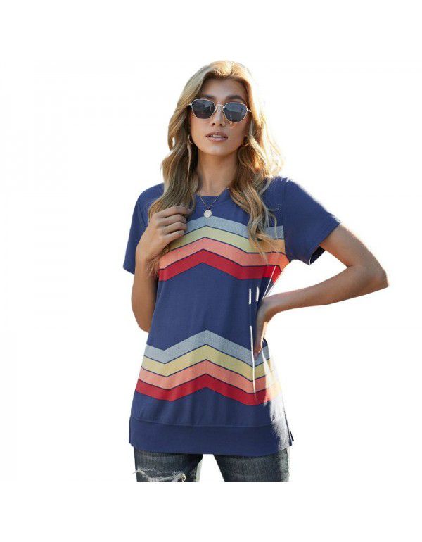 Shiying Short Sleeve T-shirt Women's European Summer New Stripe Pattern Women's Loose Round Neck Top Women