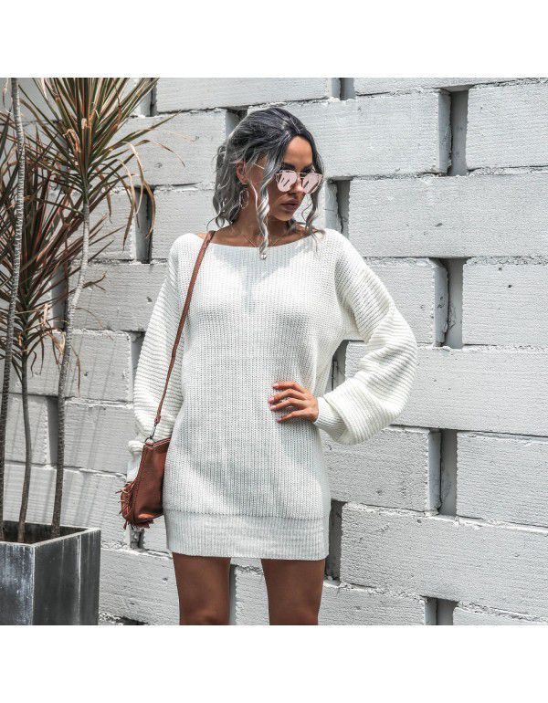 Women's autumn and winter dress European casual off shoulder lantern sleeve knitted woolen dress