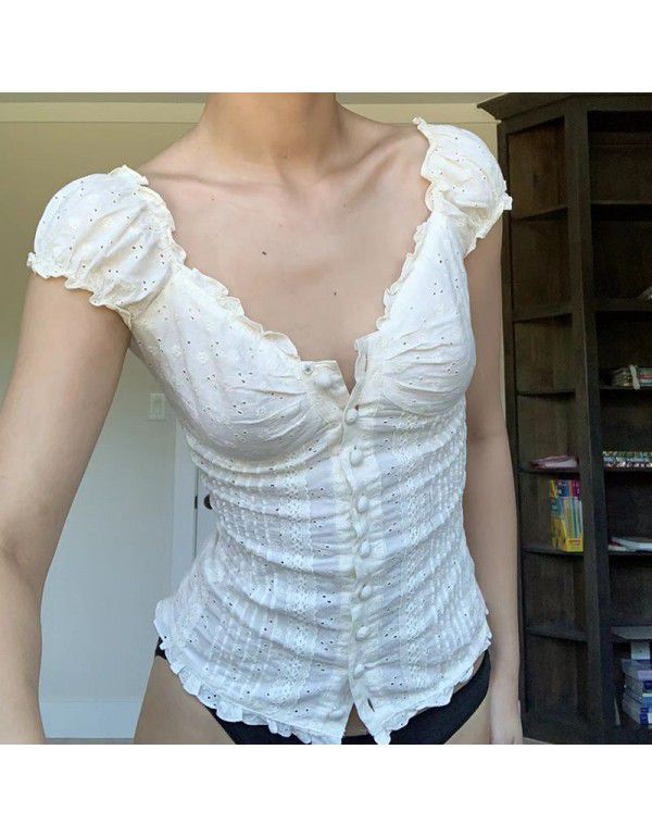 Pure sexy lace panel pleated slim button V-neck short sleeve T-shirt top female 