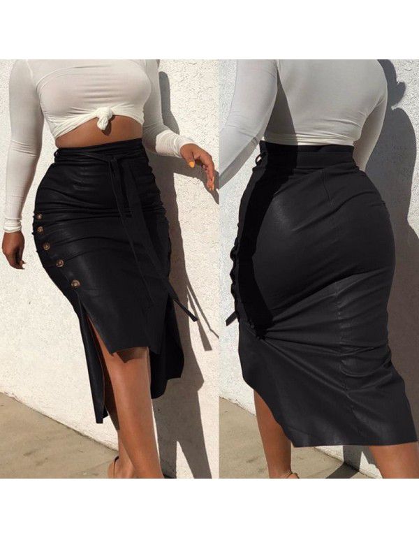 Women's Hot Sale Split Slim Fit Mid Length Wrapped Hip Skirt PU Skirt