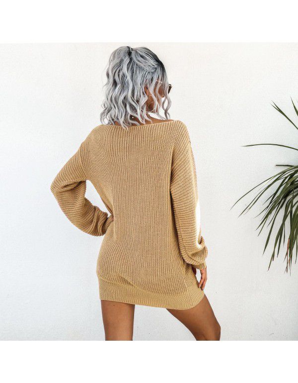 Women's autumn and winter dress European casual off shoulder lantern sleeve knitted woolen dress