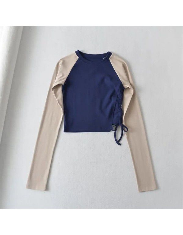 Fall side drawcord long-sleeved T-shirt sexy hot girl top new round neck contrast short bottom blouse women 