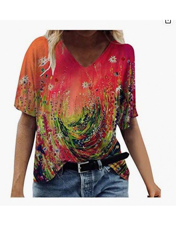 Summer New Landscape Painting Print V-Neck Short Sleeve T-shirt Women