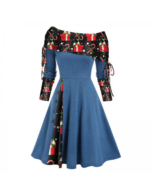 Women's autumn and winter new long-sleeved one-shoulder solid color printed patchwork button dress 
