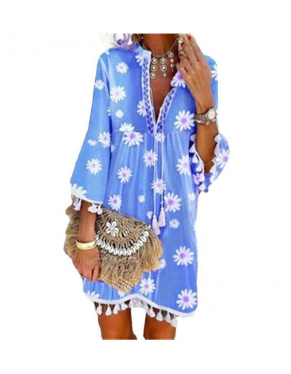 PRINTED DAISY 3/4 SLEEVE FRINGE V-NECK PRINTED DRESS 