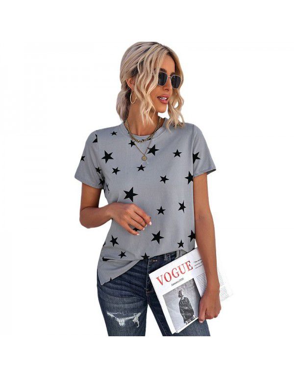 Shiying Short Sleeve T-shirt Women's European Summer New Stripe Pattern Women's Loose Round Neck Top Women