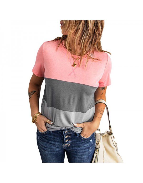 Shiying Short Sleeve T-shirt Women's European Summer New Stripe Pattern Women's Loose Round Neck Top Women