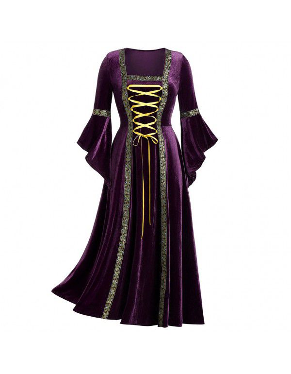 Women's Gothic Punk Style Long Sleeve Lace Gold Velvet Dress Gown