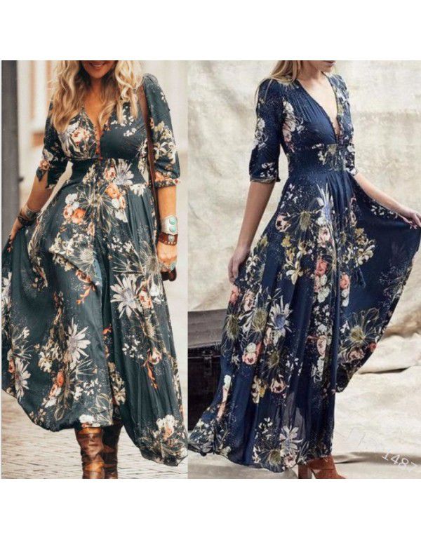 Summer low-key luxury and simple girls' oversized women's personalized print design V-neck sexy dress 