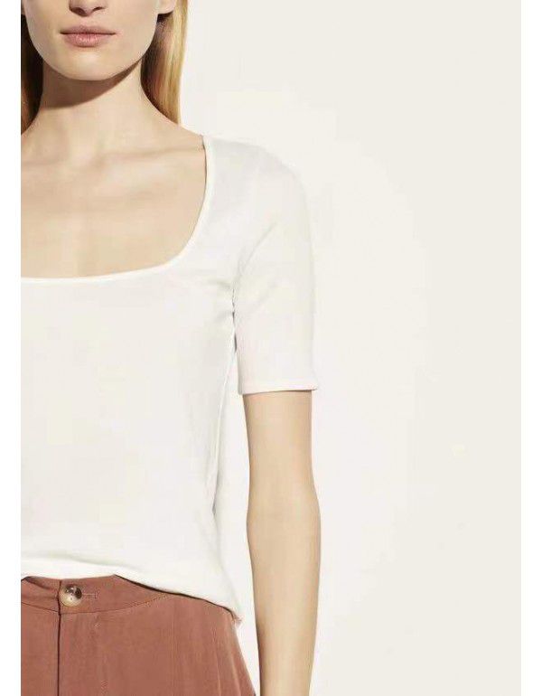 Cotton temperament commuting square neck short sleeve slim fitting solid color T-shirt black&white 
