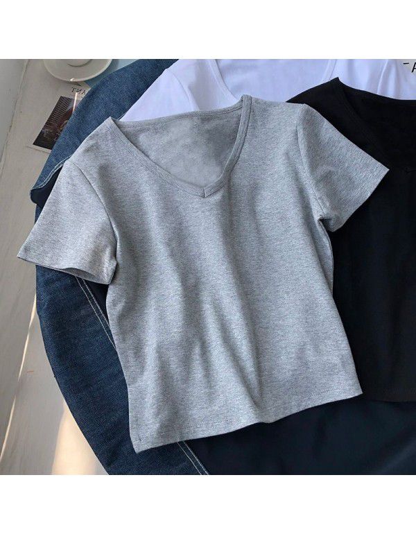 Ins high-waisted short top v-neck short-sleeved t-shirt women's summer clothes fashion hong kong style chic half-sleeved solid color t-shirt 