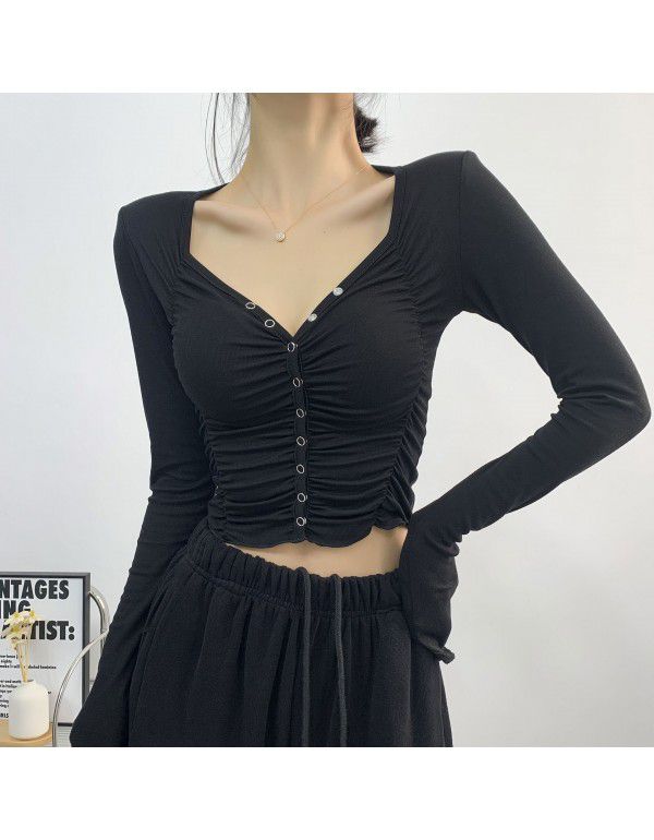 Spicy Girls Spring New Tight Sexy Pleated V-Neck Slim Bottom Shirt Women's Long Sleeve T-shirt Fashion European and American Style 