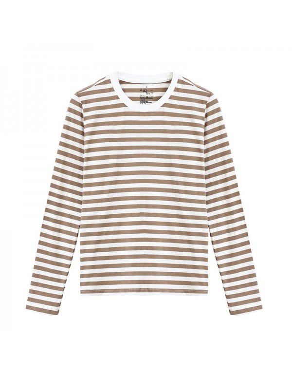 Non-printed Japanese high-quality long-sleeved T-shirt Women's pure cotton striped T-shirt Indian cotton T-shirt Tianzhu woven round neck T-shirt 