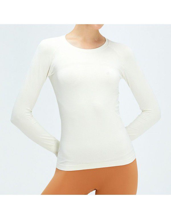 Cross-border new fitness top women's long-sleeved seamless elastic knitting sports T-shirt solid color round neck lulu yoga suit 