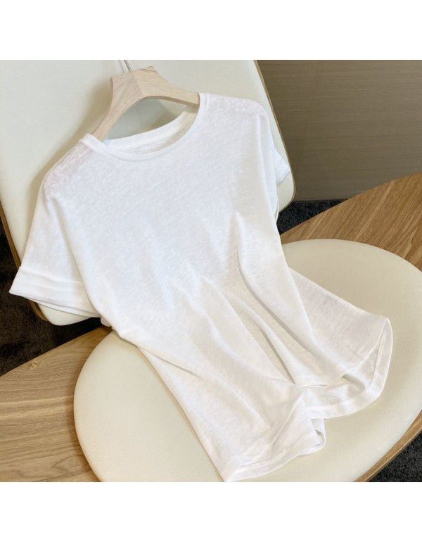 Cotton Hemp T-shirt Women 2023 Summer New Thin Short Sleeve Cover Shirt Women Transparent Loose Sunscreen Inner Layer Top