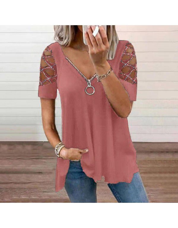 Fashion V-neck Solid Cut Out Short Sleeve Hot Diamond Casual Top