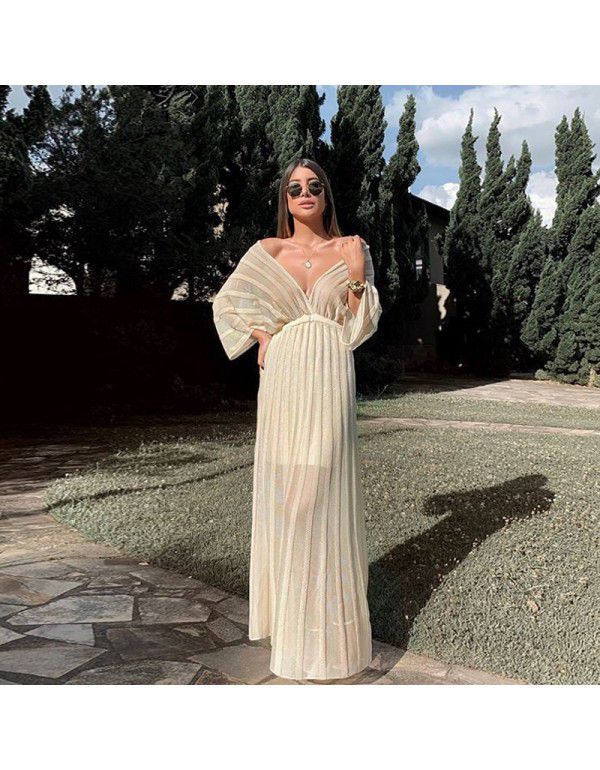 Summer new European and American women's sexy slim dress V-neck shawl sleeve hollow white skirt 