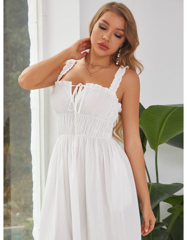 Summer Women's Fashion Leisure Vacation Wooden Ear Edge Long Dress Lace up Pressed pleat Pull up Large Swing Dress 