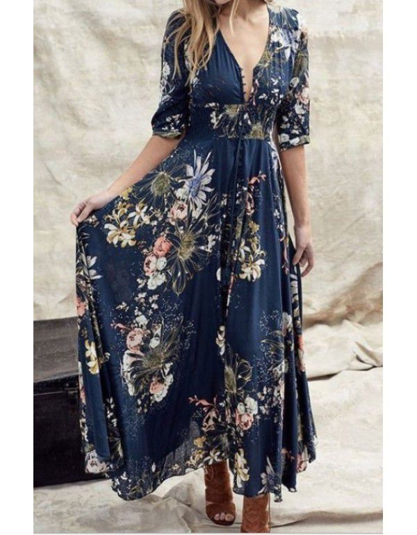 Summer low-key luxury and simple girls' oversized women's personalized print design V-neck sexy dress 