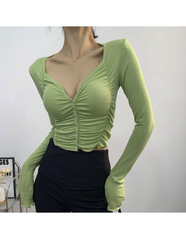 Spicy Girls Spring New Tight Sexy Pleated V-Neck Slim Bottom Shirt Women's Long Sleeve T-shirt Fashion European and American Style 
