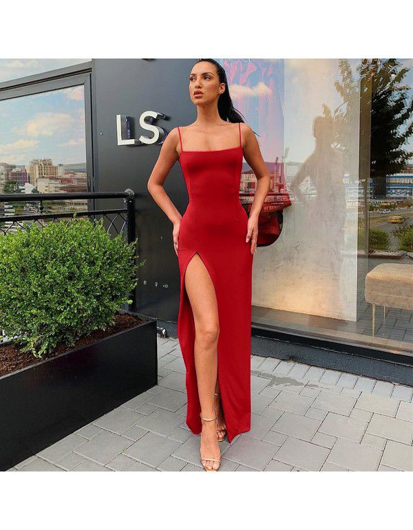Summer New Women's Slim Slim Fit Open Back Sexy Split Dress with Slim Drop Neck