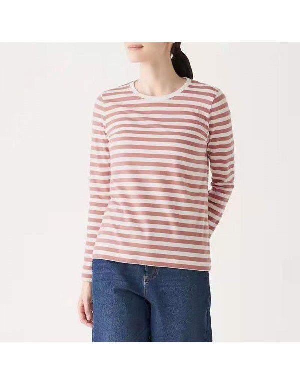Non-printed Japanese high-quality long-sleeved T-shirt Women's pure cotton striped T-shirt Indian cotton T-shirt Tianzhu woven round neck T-shirt 