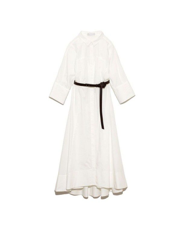 Women's new spring and summer lapel belt three-quarter sleeve shirt temperament women's medium length dress 