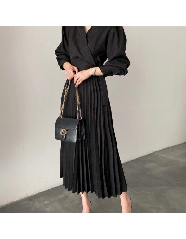 New lapel side bow tie waist show thin bubble sleeve pleated dress 