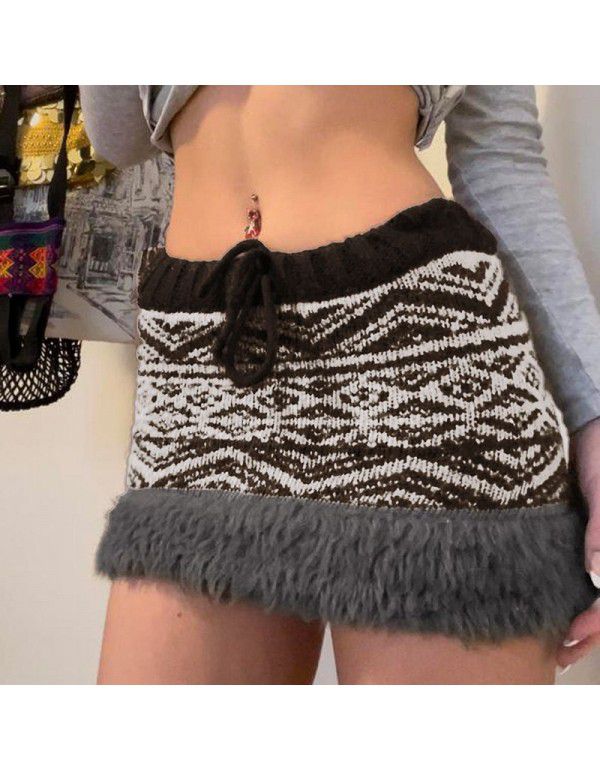 Sen style retro style fur patchwork lace up wool woven skirt in autumn and winter contrast color low waist spicy girl wrap hip skirt