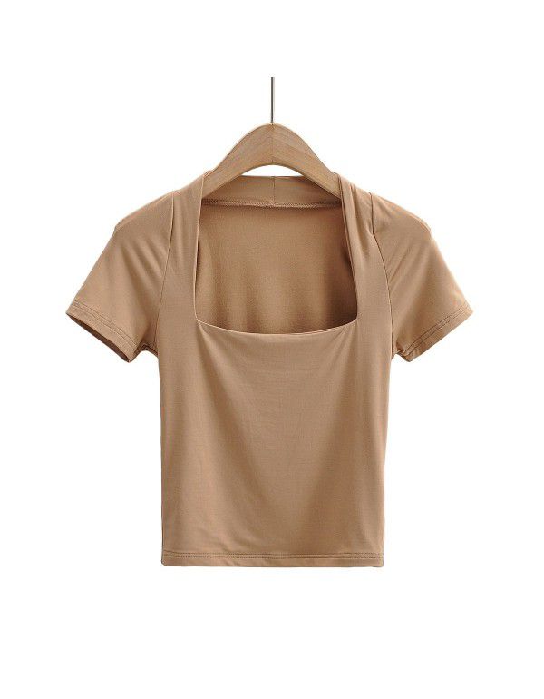 Low cut square neck, slim fit, open navel, short T-shirt, women's summer new elastic, slim fit, solid color, short sleeve top, fashion