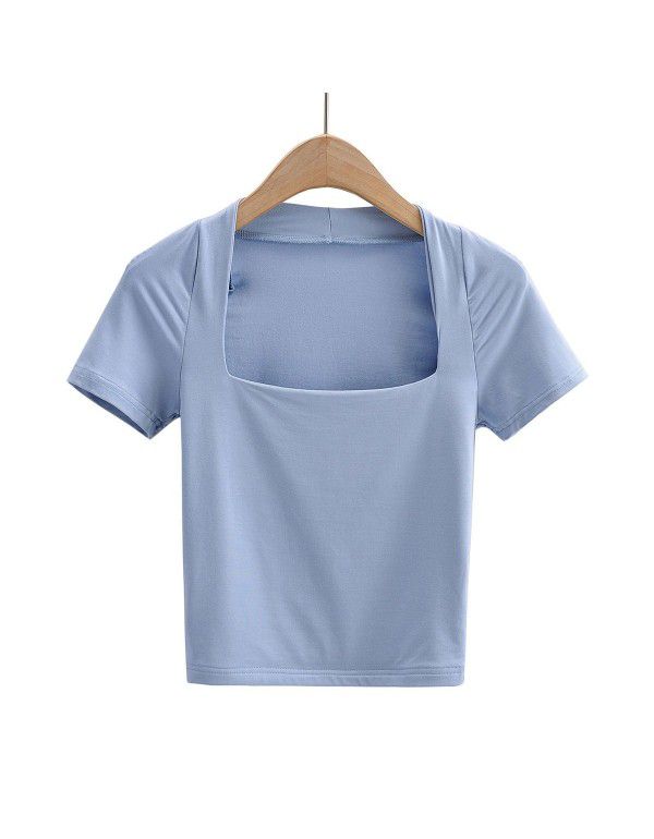 Low cut square neck, slim fit, open navel, short T-shirt, women's summer new elastic, slim fit, solid color, short sleeve top, fashion