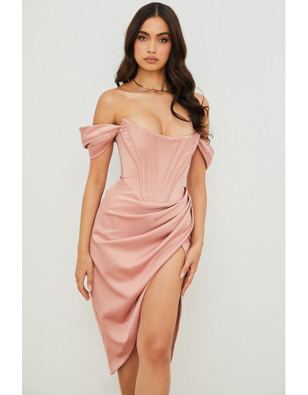 Solid color fishbone suspender sexy slit dress for women 