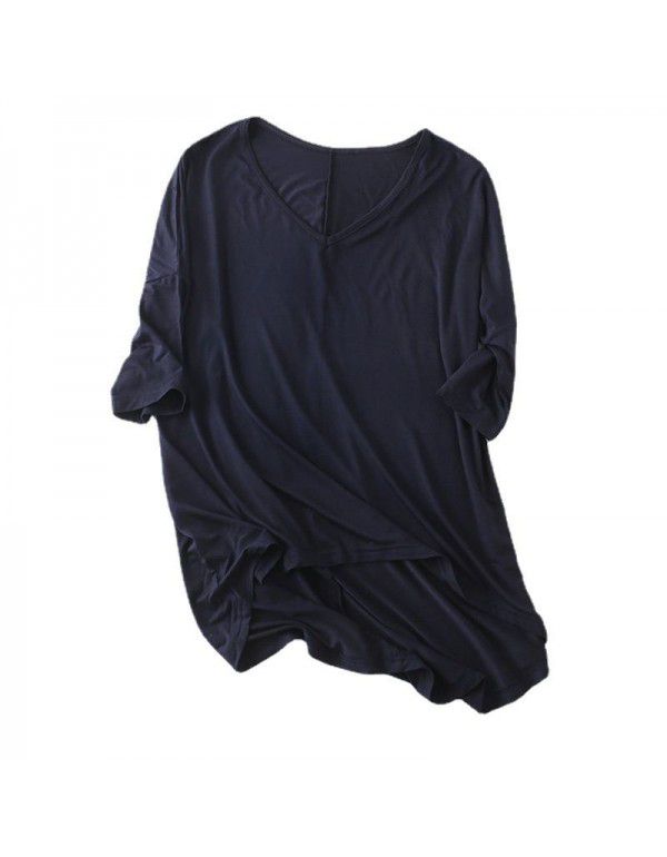 Spring and summer new Modal bat sleeve medium sleeve t-shirt women's casual Korean V-neck solid color large half sleeve bottom shirt 