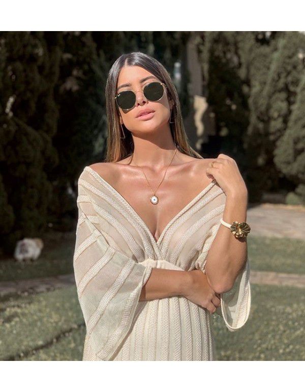 Summer new European and American women's sexy slim dress V-neck shawl sleeve hollow white skirt 
