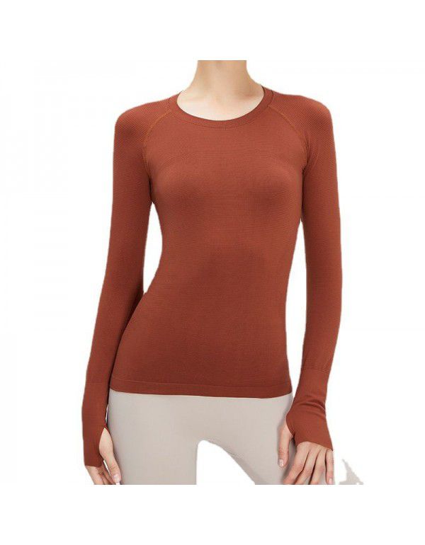Cross-border new fitness top women's long-sleeved seamless elastic knitting sports T-shirt solid color round neck lulu yoga suit 