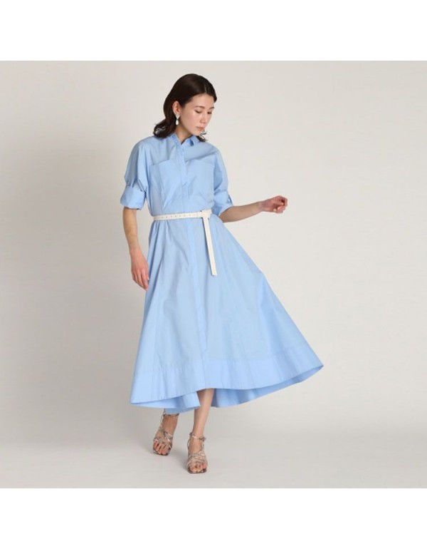 Women's new spring and summer lapel belt three-quarter sleeve shirt temperament women's medium length dress 