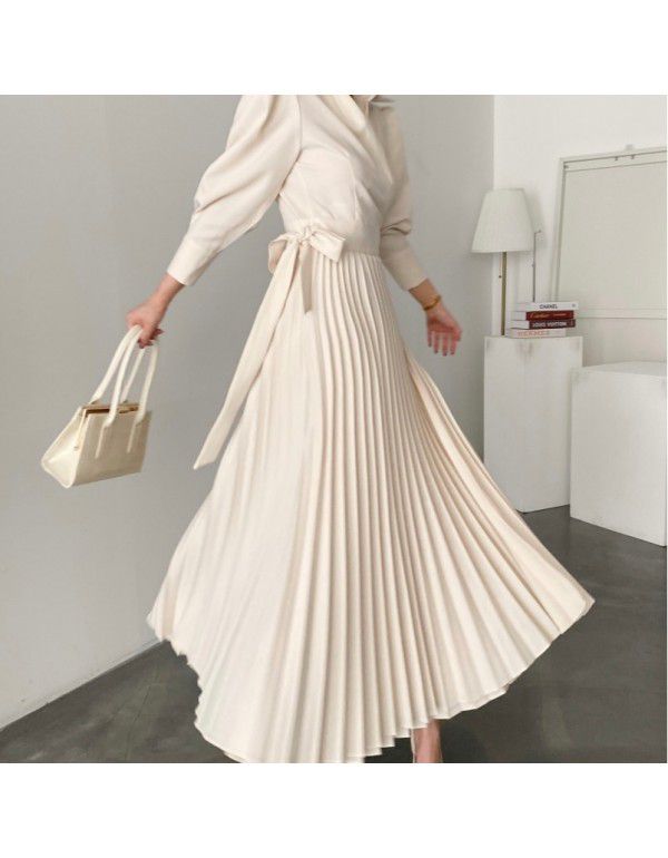 New lapel side bow tie waist show thin bubble sleeve pleated dress 