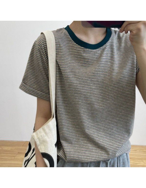 Stripe Color Matching Short Sleeve T-shirt Women's Ins Fashion Women's Pure Cotton Bottom Shirt 2023 Summer Loose Design Feel Top Wholesale