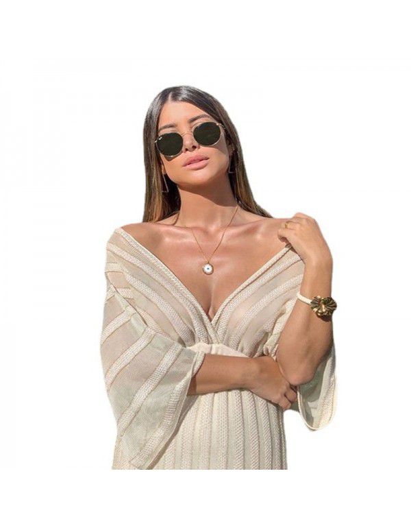 Summer new European and American women's sexy slim dress V-neck shawl sleeve hollow white skirt 