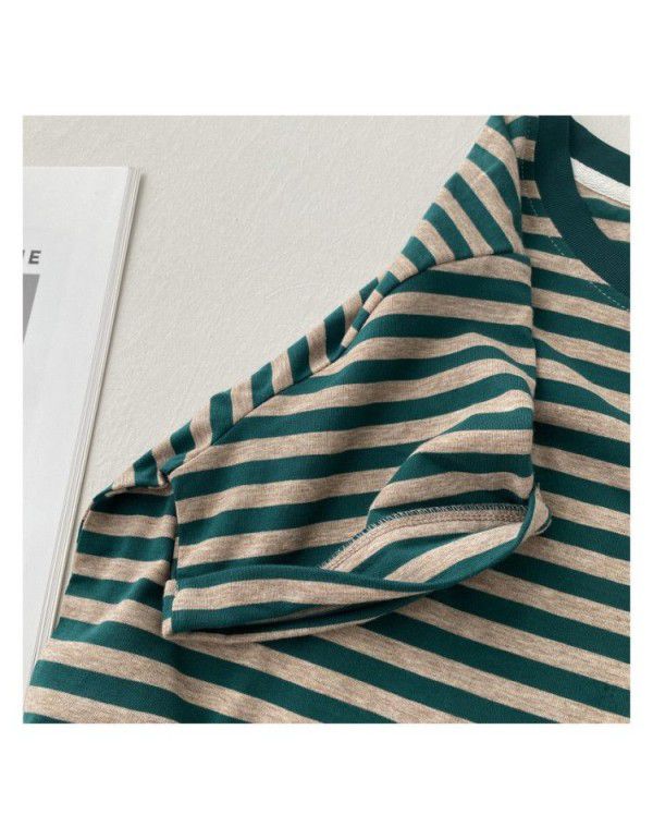 Stripe Color Matching Short Sleeve T-shirt Women's Ins Fashion Women's Pure Cotton Bottom Shirt 2023 Summer Loose Design Feel Top Wholesale