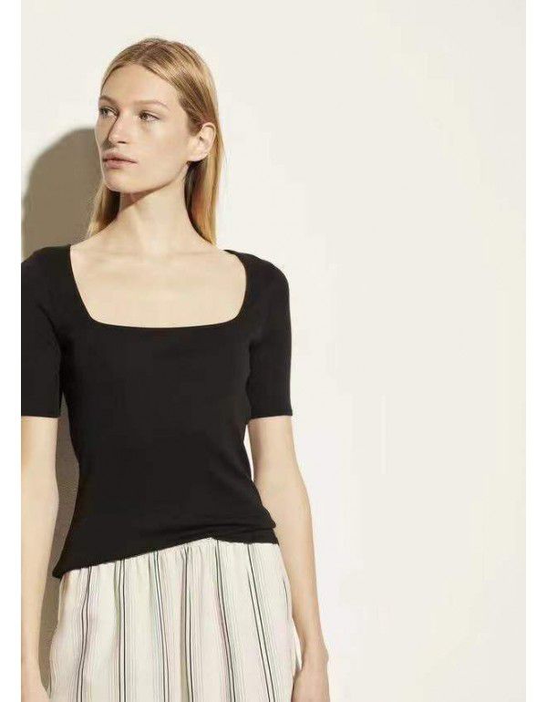 Cotton temperament commuting square neck short sleeve slim fitting solid color T-shirt black&white 