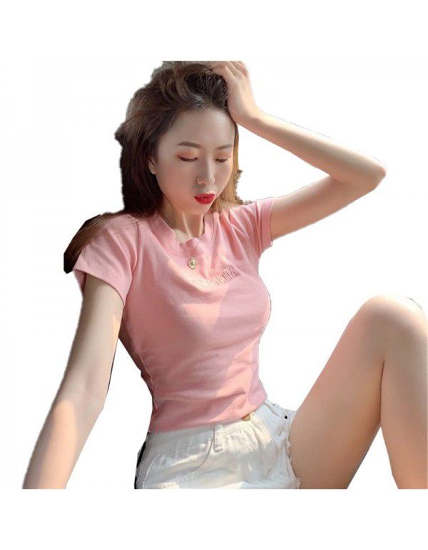 Letter Embroidery 2021 Summer South Korea New Short Sleeve T-shirt Female Slim Student Clothing Female Top Women's Clothing Wholesale 