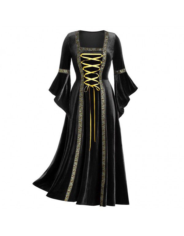 Women's Gothic Punk Style Long Sleeve Lace Gold Velvet Dress Gown
