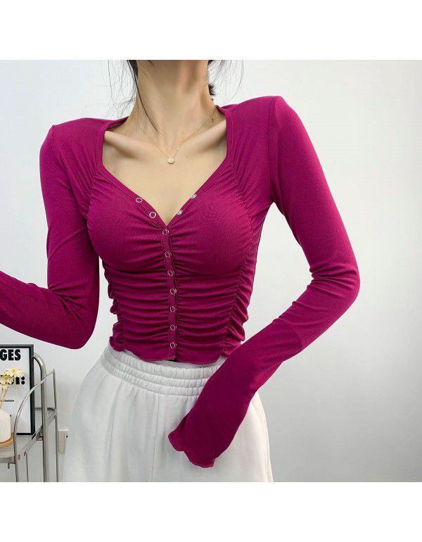 Spicy Girls Spring New Tight Sexy Pleated V-Neck Slim Bottom Shirt Women's Long Sleeve T-shirt Fashion European and American Style 